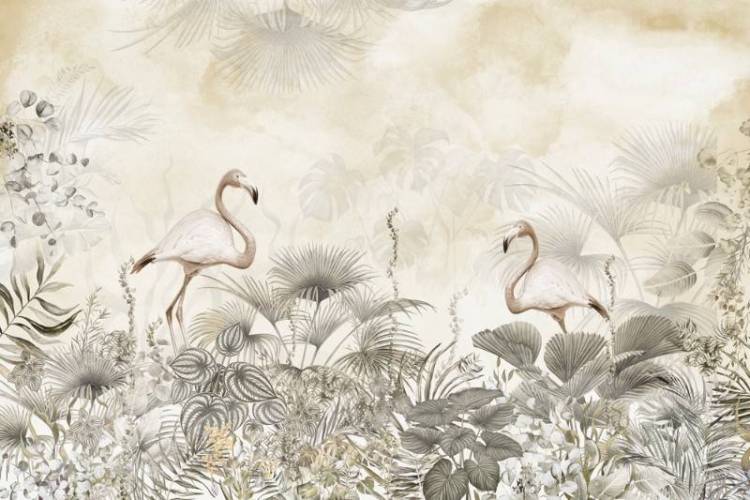 3D Фотообои Artegrafico «Фламинго в листве на жёлтом» SVN-010 канвас