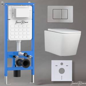 Унитаз с инсталляцией Iberica Blanca Toledo Alto IB001.TLA.234.1132 безободковый, с крышкой-сиденьем микролифт, с кнопкой матовый хром