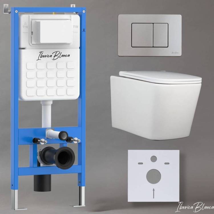 Унитаз с инсталляцией Iberica Blanca Toledo Alto IB001.TLA.234.1132 безободковый, с крышкой-сиденьем микролифт, с кнопкой матовый хром