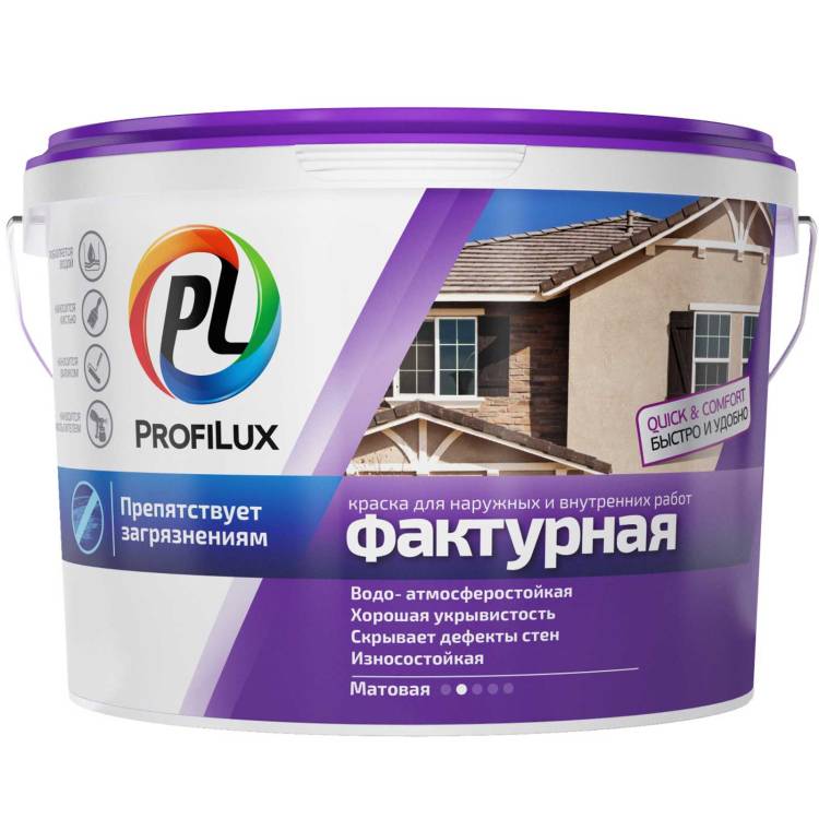 Краска структурная для внутренних и наружных работ Profilux ВД Фасадная Фактурная матовая белая 9 кг