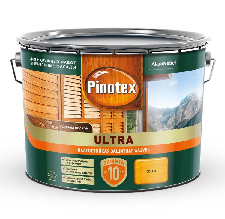 Пропитка декоративная для защиты древесины Pinotex Ultra AWB полуглянцевая сосна 9 л