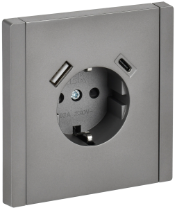 Розетка 1-местная с заземлением, шторками и USB Type A+С IEK Forte&Piano FP-R14-16-U22-018-K46 сталь