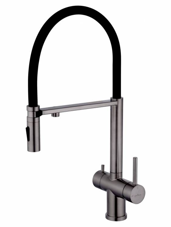 Смеситель для кухни Wonzon & Woghand WW-88458009-BGM с гибким изливом и подключением фильтра, темный графит