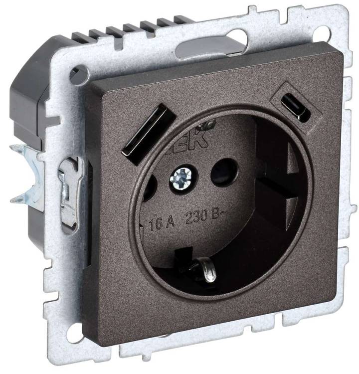 Розетка 1-местная с заземлением, шторками и USB Type A+С IEK Brite BR-R14-16-U22-018-K45 темная бронза