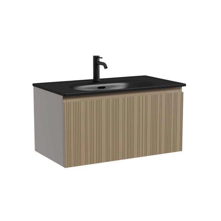 Тумба с раковиной Sancos Code подвесная, 80x46x42, с одним ящиком оснащенным доводчиками, Серо - бежевый, раковина черная