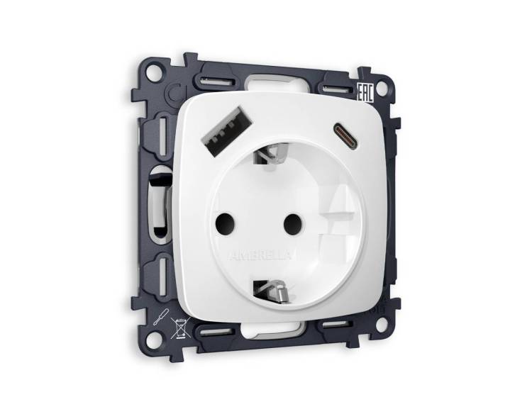 Комплект механизма электрической розетки 2USB A+C 20W (быстрая зарядка) с заземлением Ambrella Volt Omega MO130010