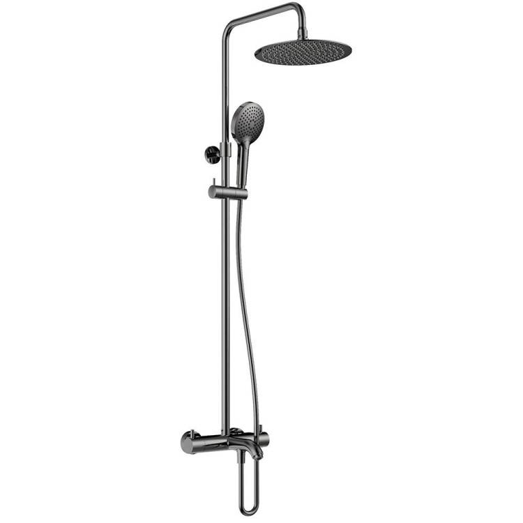 Душевая стойка AQUAme AQM8008GM с термостатом и изливом, Ø250, лейка 3 режима, высота 1100-1500мм, Gun Metal