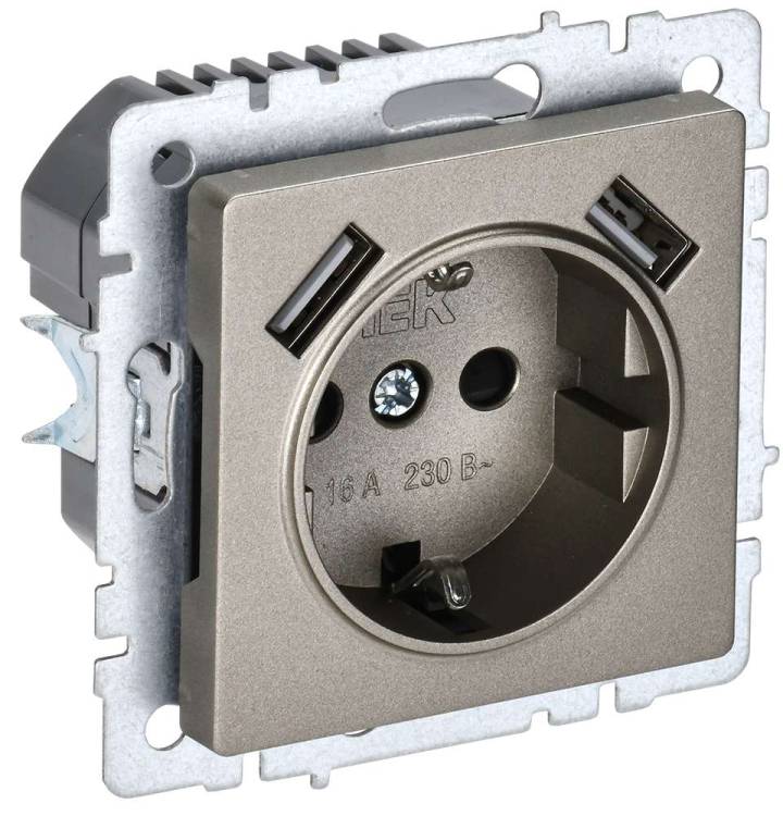Розетка 1-местная с заземлением, шторками и USB Type A+A IEK Brite BR-R14-16-U21-D21-K37 шампань