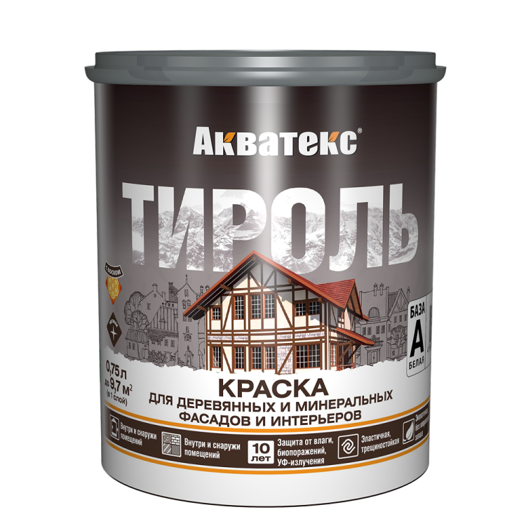 Краска для деревянных и минеральных фасадов и интерьеров Акватекс Тироль матовая база А 0.75 л