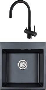 Комплект Paulmark Praktisch PM105152-BLM черный металлик + Смеситель Paulmark Heller He213218-418 для кухонной мойки, черный металлик