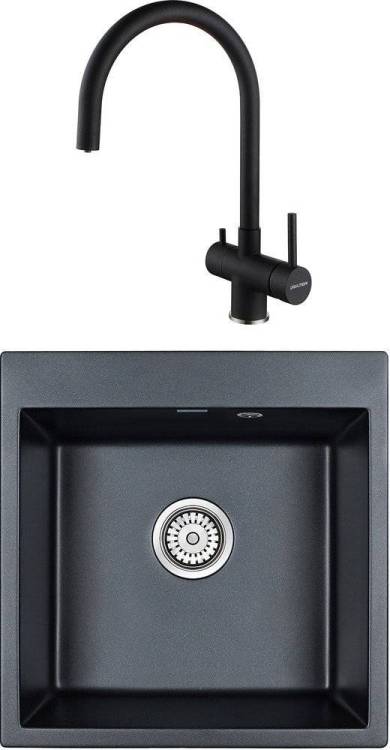 Комплект Paulmark Praktisch PM105152-BLM черный металлик + Смеситель Paulmark Heller He213218-418 для кухонной мойки, черный металлик