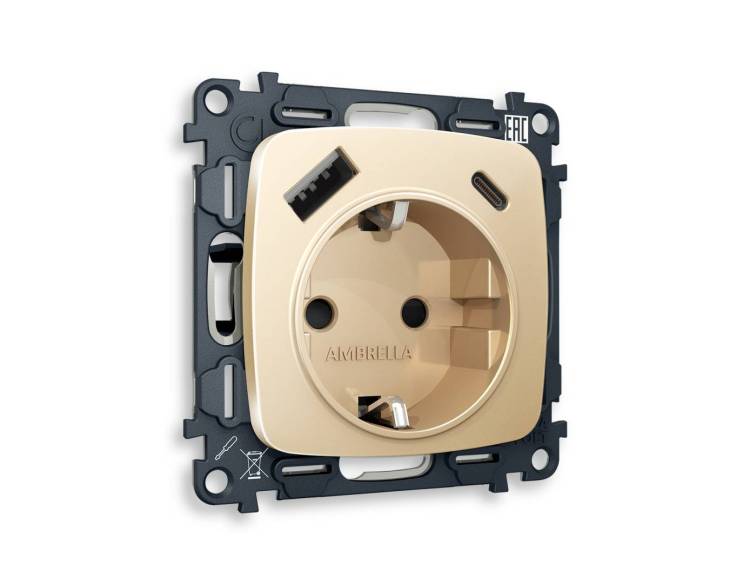 Комплект механизма электрической розетки 2USB A+C 20W (быстрая зарядка) с заземлением Ambrella Volt Omega MO610010