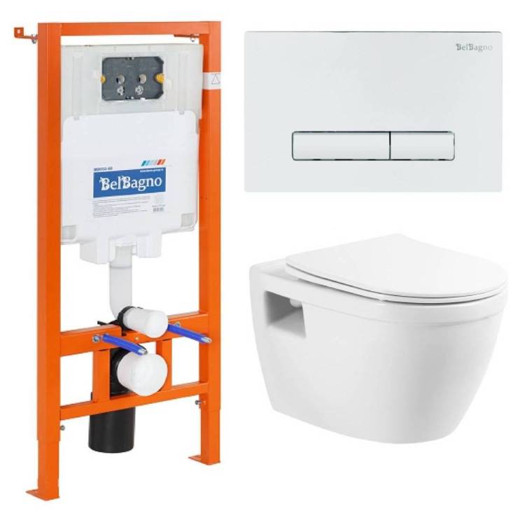 Комплект Унитаз подвесной BelBagno Loto BB070CHR/SC + Инсталляция BB002-80 + Кнопка Genova BB018-GV-BIANCO