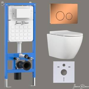 Комплект Iberica Blanca Bilbao Alto IB001.BLA.231.8171 унитаз безободковый, белый, сиденье микролифт, клавиша смыва розовое золото глянцевое