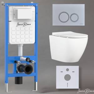 Унитаз с инсталляцией Iberica Blanca Bilbao Alto IB001.BLA.231.824 безободковый, с крышкой-сиденьем микролифт, с кнопкой глянцевый хром