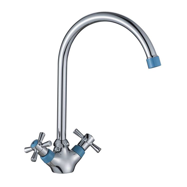 Смеситель для кухни Decoroom DR51 DR51028-Blue двуручный с высоким повортным изливом Хром/синий