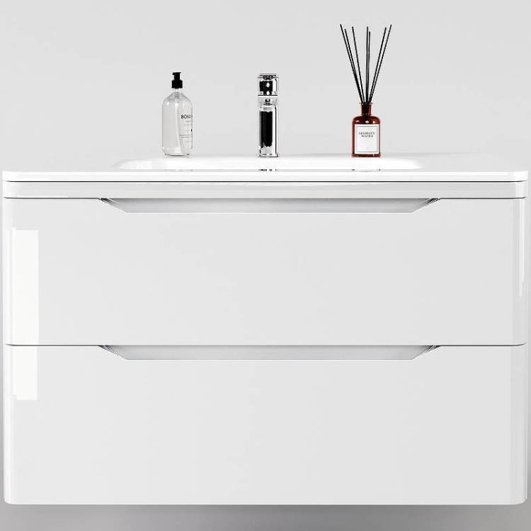 Тумба с раковиной Style Line Марелла 90 подвесная, 2 ящика, Люкс антискрейтч, белый глянцевый, PLUS