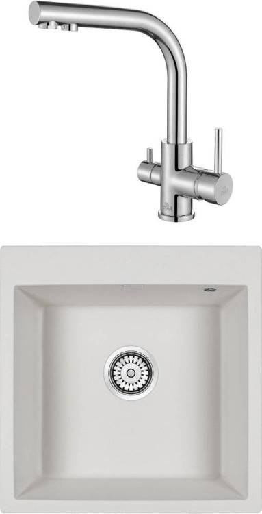 Комплект Paulmark Praktisch PM105152-WH белый белый + Смеситель Paulmark Essen 213011-СR для кухонной мойки, хром