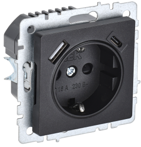 Розетка 1-местная с заземлением, шторками и USB Type A+С IEK Brite BR-R14-16-U22-018-K02 черный