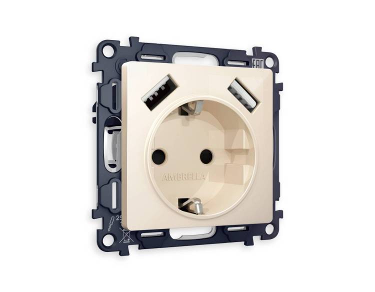 Комплект механизма электрической розетки 2USB A+A 18W (быстрая зарядка) с заземлением Ambrella Volt Alfa MA309010