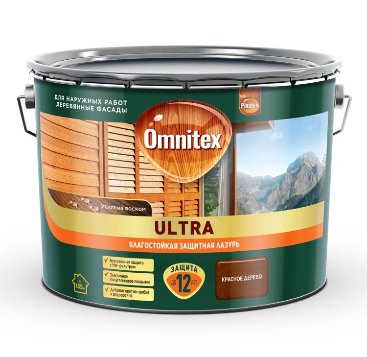 Пропитка декоративная для защиты древесины Omnitex Ultra AWB полуглянцевая красное дерево 9 л