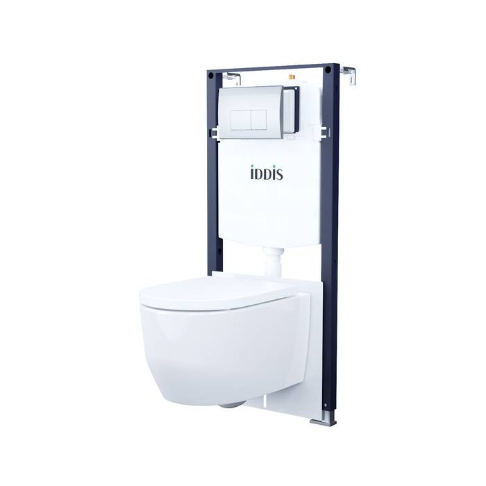 Унитаз с инсталляцией Iddis Basic BASAI01i73 безободковый, сиденье микролифт, белый глянцевый, клавиша смыва хром