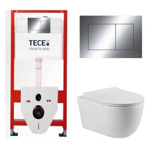 Унитаз с инсталляцией Tece TC412313201 безободковый, сиденье микролифт, белый глянец, кнопка смыва хром