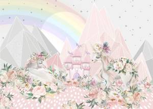 3D Фотообои Artegrafico «Единороги в цветущих горах» KID-201 канвас