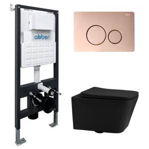 Комплект Abber Rechteck AC1201MB-AC0105-AC0121RG унитаз подвесной, безободковый, сиденье микролифт, черный матовый, кнопка золото розовое