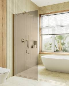 Душевая перегородка MaybahGlass MGD-696-3ш 79x195, стекло бронза 8 мм, профиль золото