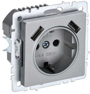 Розетка 1-местная с заземлением, шторками и USB Type A+A IEK Brite BR-R14-16-U21-D21-K47 алюминий
