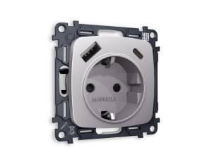 Комплект механизма электрической розетки 2USB A+C 20W (быстрая зарядка) с заземлением Ambrella Volt Omega MO510010