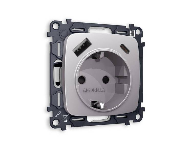 Комплект механизма электрической розетки 2USB A+C 20W (быстрая зарядка) с заземлением Ambrella Volt Omega MO510010