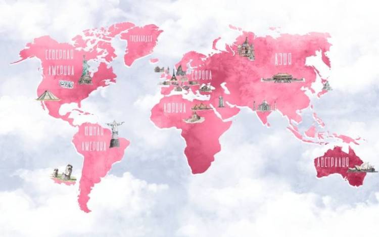 3D Фотообои Artegrafico «Розовая карта с достопримечательностями» CM-024 песок