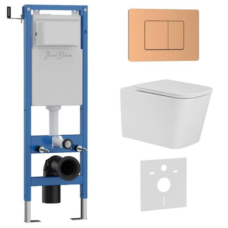 Комплект Iberica Blanca Toledo Alto IB.001M.TLA.231.1172 унитаз безободковый, белый, сиденье микролифт, клавиша смыва розовое золото матовое