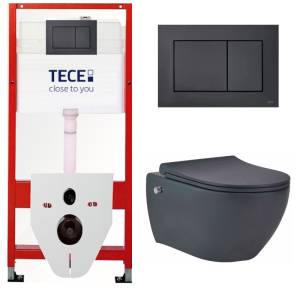 Комплект Tece TC414343670 Инсталляция для унитаза Tece + Унитаз подвесной beWash Bogen безободковый, с функцией биде и сиденьем микролифт, черный матовый