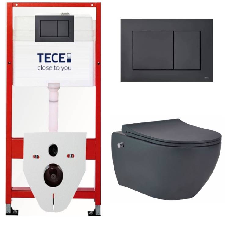 Комплект Tece TC414343670 Инсталляция для унитаза Tece + Унитаз подвесной beWash Bogen безободковый, с функцией биде и сиденьем микролифт, черный матовый