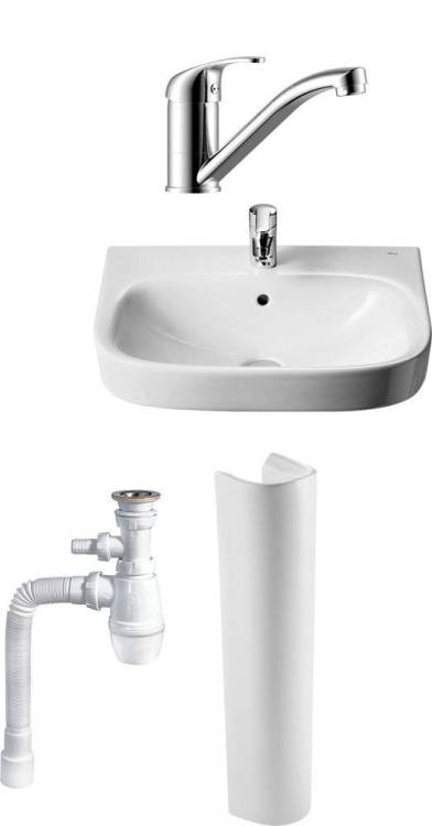Комплект Раковина Roca Debba 55x44 + Пьедестал Roca Debba 33799000Y + Смеситель Rossinka Y Y35-22 + Сифон Wirquin Минор с отводом для стиральной машины