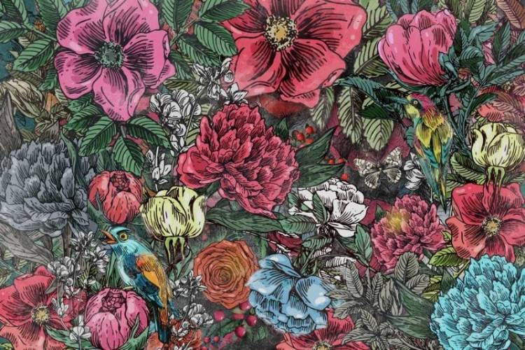 3D Фотообои Artegrafico «Птицы в ярких цветах» ED-013 песок