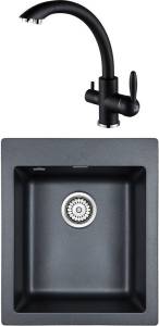 Комплект Paulmark Leer PM104249-BLM черный металлик + Смеситель Paulmark Essen Es213001-418 для кухонной мойки, черный металлик