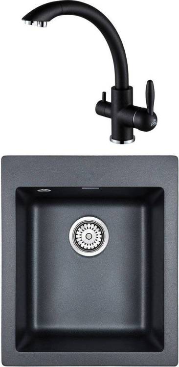Комплект Paulmark Leer PM104249-BLM черный металлик + Смеситель Paulmark Essen Es213001-418 для кухонной мойки, черный металлик