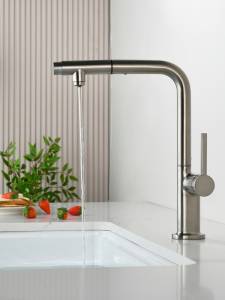 Смеситель для кухни AQUAme Cucina AQM9903BN с выдвижным изливом и подключением к фильтру питьевой воды, никель шлифованный