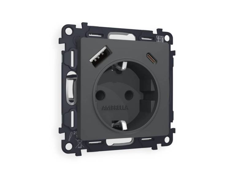 Комплект механизма электрической розетки 2USB A+C 20W (быстрая зарядка) с заземлением Ambrella Volt Alfa MA910010