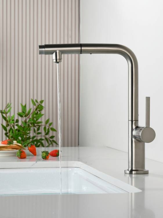 Смеситель для кухни AQUAme Cucina AQM9903BN с выдвижным изливом и подключением к фильтру питьевой воды, никель шлифованный
