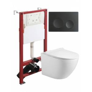 Унитаз с инсталляцией Agger ATI09150+APB144 безободковый, с крышкой-сиденьем микролифт, с черной кнопкой