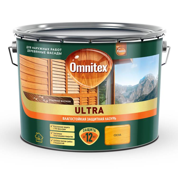 Пропитка декоративная для защиты древесины Omnitex Ultra AWB полуглянцевая сосна 9 л