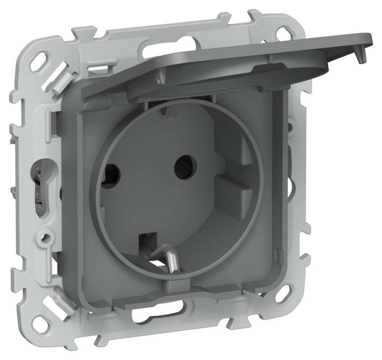 Розетка 1-местная с заземлением, шторками и крышкой IEK Flite FI-R16-16-44-K80 мокрый асфальт