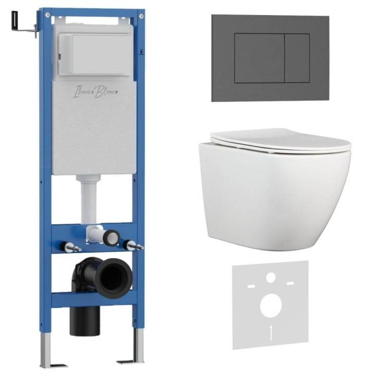 Унитаз с инсталляцией Iberica Blanca Bilbao Alto IB.001M.BLA.234.856 безободковый, с крышкой-сиденьем микролифт, с серой матовой кнопкой