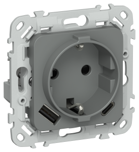 Розетка 1-местная с заземлением, шторками и USB Type A+С IEK Flite FI-R14-16-U22-020-K80 мокрый асфальт