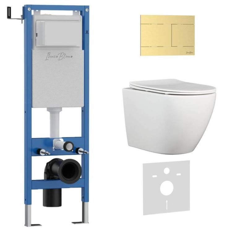 Комплект Iberica Blanca Bilbao Alto IB.001M.BLA.231.1503 унитаз безободковый, белый, сиденье микролифт, клавиша смыва золото матовое